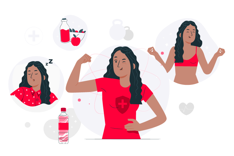 weight loss program, illustration of health food, weights, and healthy women